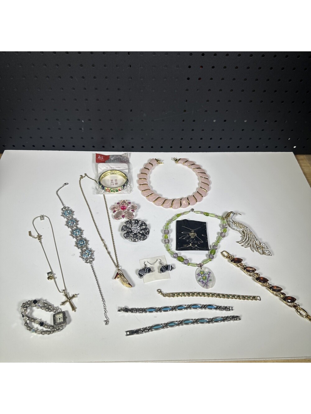 Vintage Rhinestone Jewelry Lot 15 + Brooches Bracelets Necklaces Geneva Watch